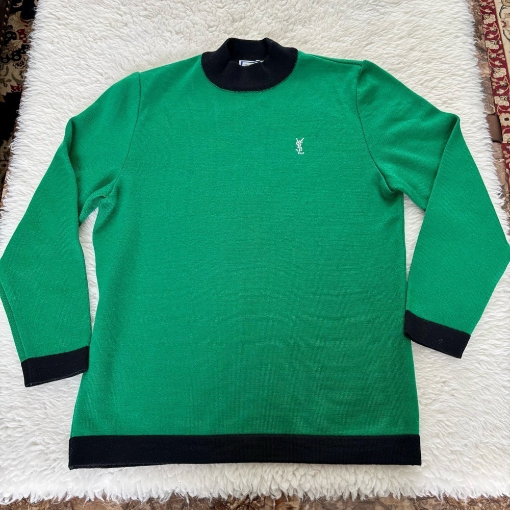 Yves Saint Laurent YSL Crystals Logo Green Wool Knit Sweater w/ Black Trim M